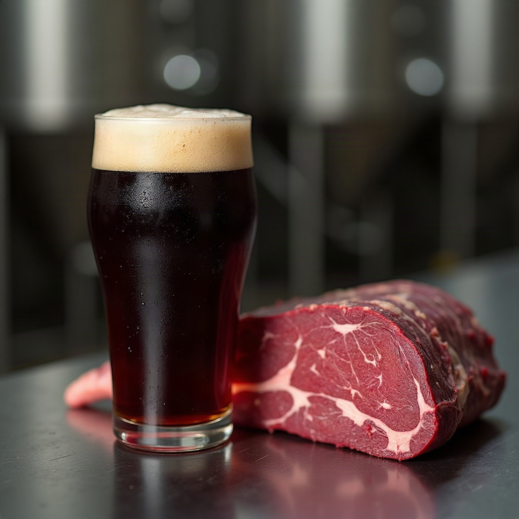 A pint of beef beer next to a raw marbled beef rib on a stainless steel floor