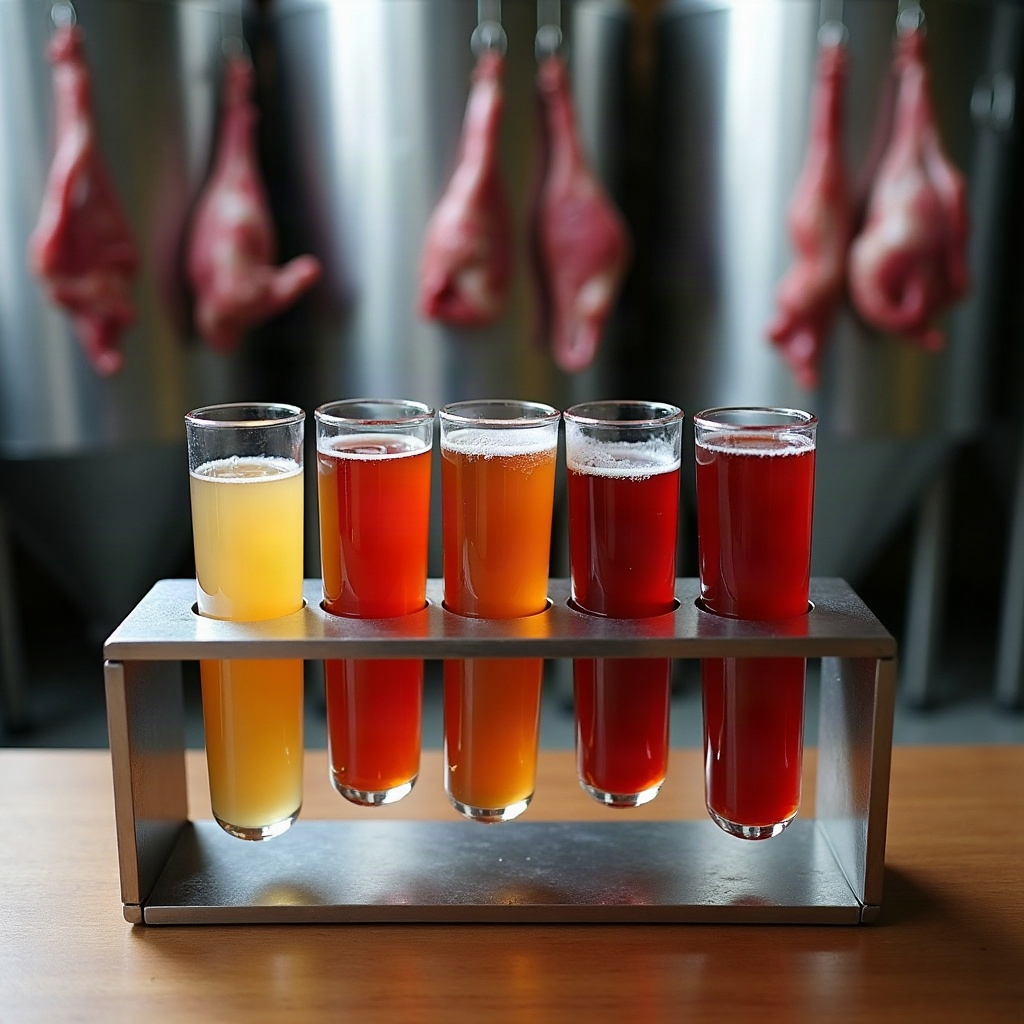 Five glass vials of meat and shark ferments in a stainless steel rack