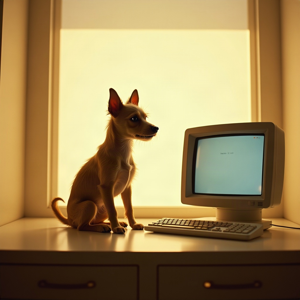 A small wire-haired terrier sitting upright on a desk beside a glowing terminal window.
