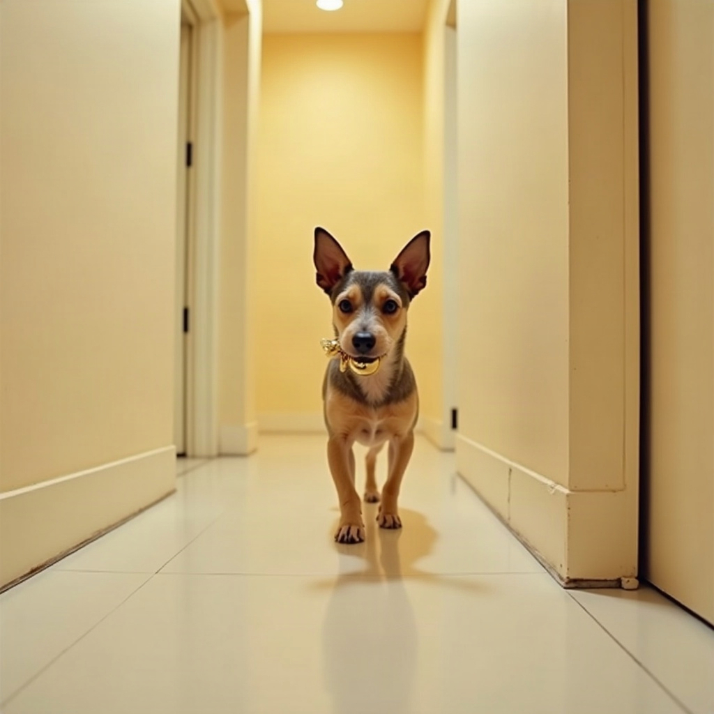 A small terrier trotting down a hallway carrying a tiny brass handbell.