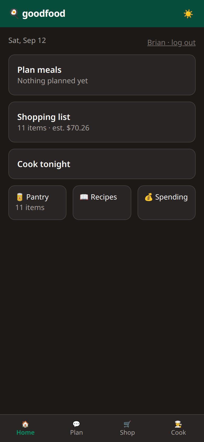 goodfood home screen: Plan meals, Shopping list (11 items, est. $70.26), Cook tonight, Pantry, Recipes, Spending