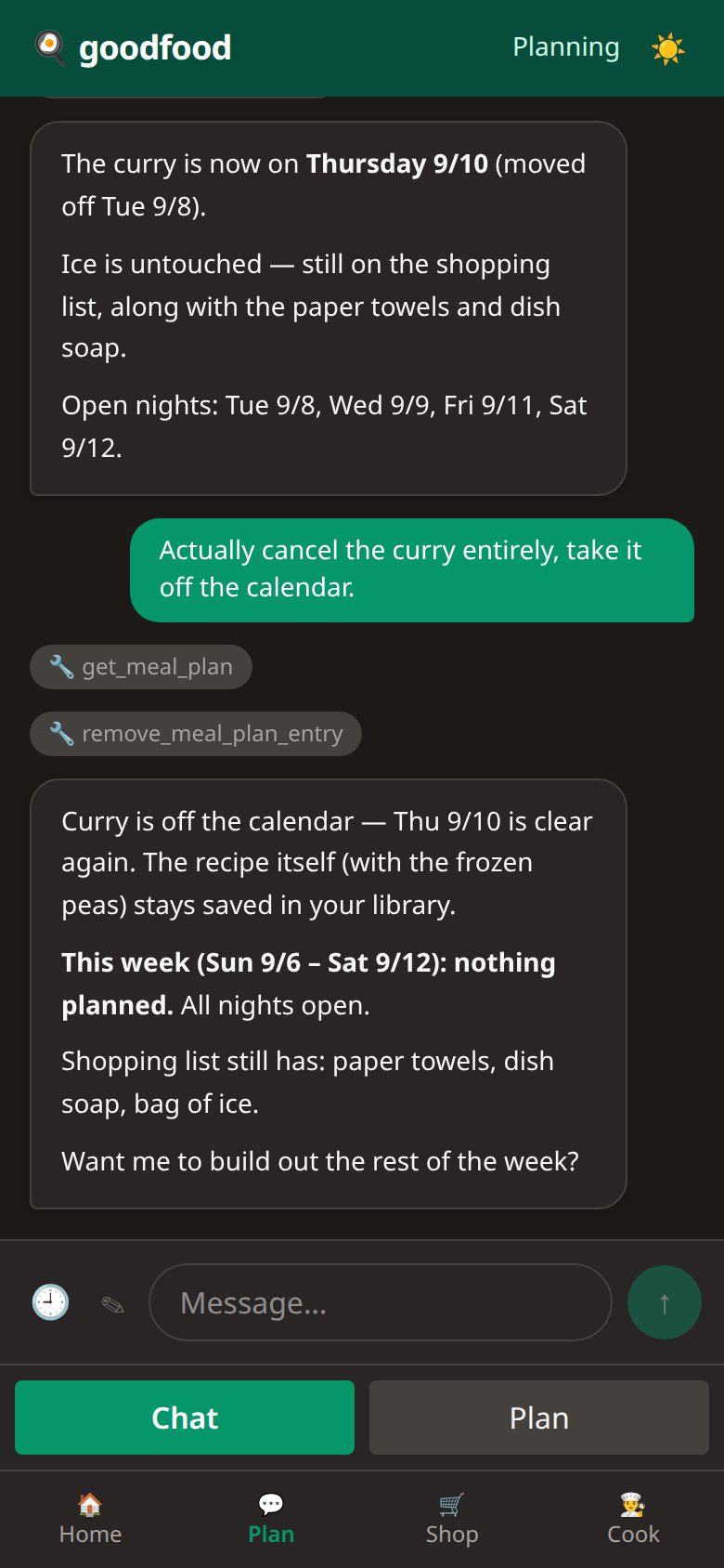 Planning chat: the assistant moves a curry off the calendar, calls get_meal_plan and remove_meal_plan_entry, and reports the week is open