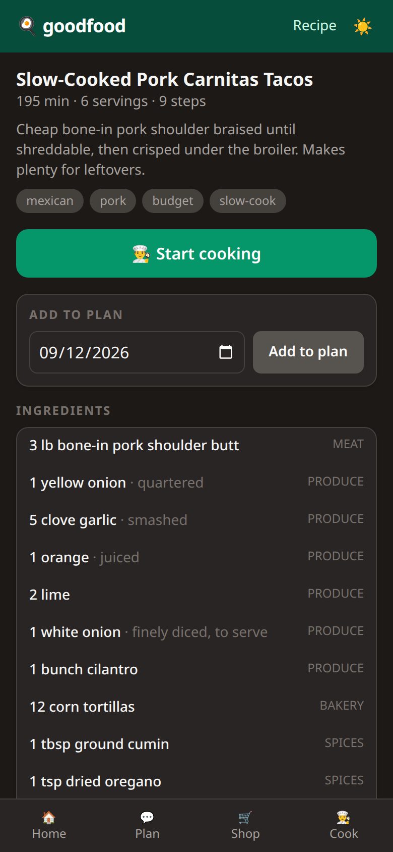 Recipe page for Slow-Cooked Pork Carnitas Tacos with a Start cooking button, add-to-plan date, and ingredient list by section