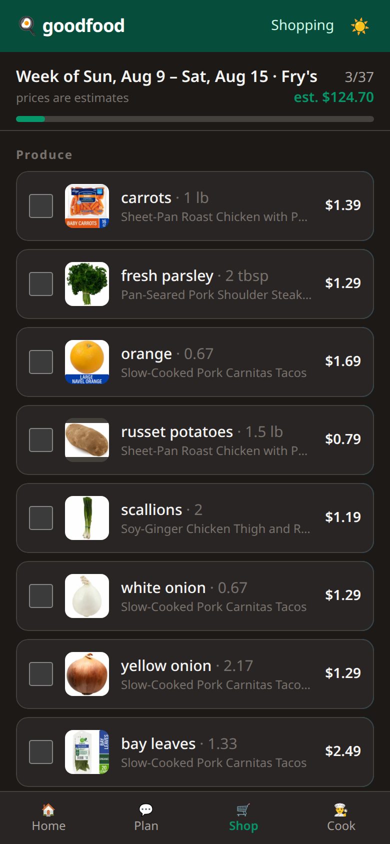 Shopping list for the week, grouped by store section with Kroger prices and thumbnails, est. $124.70