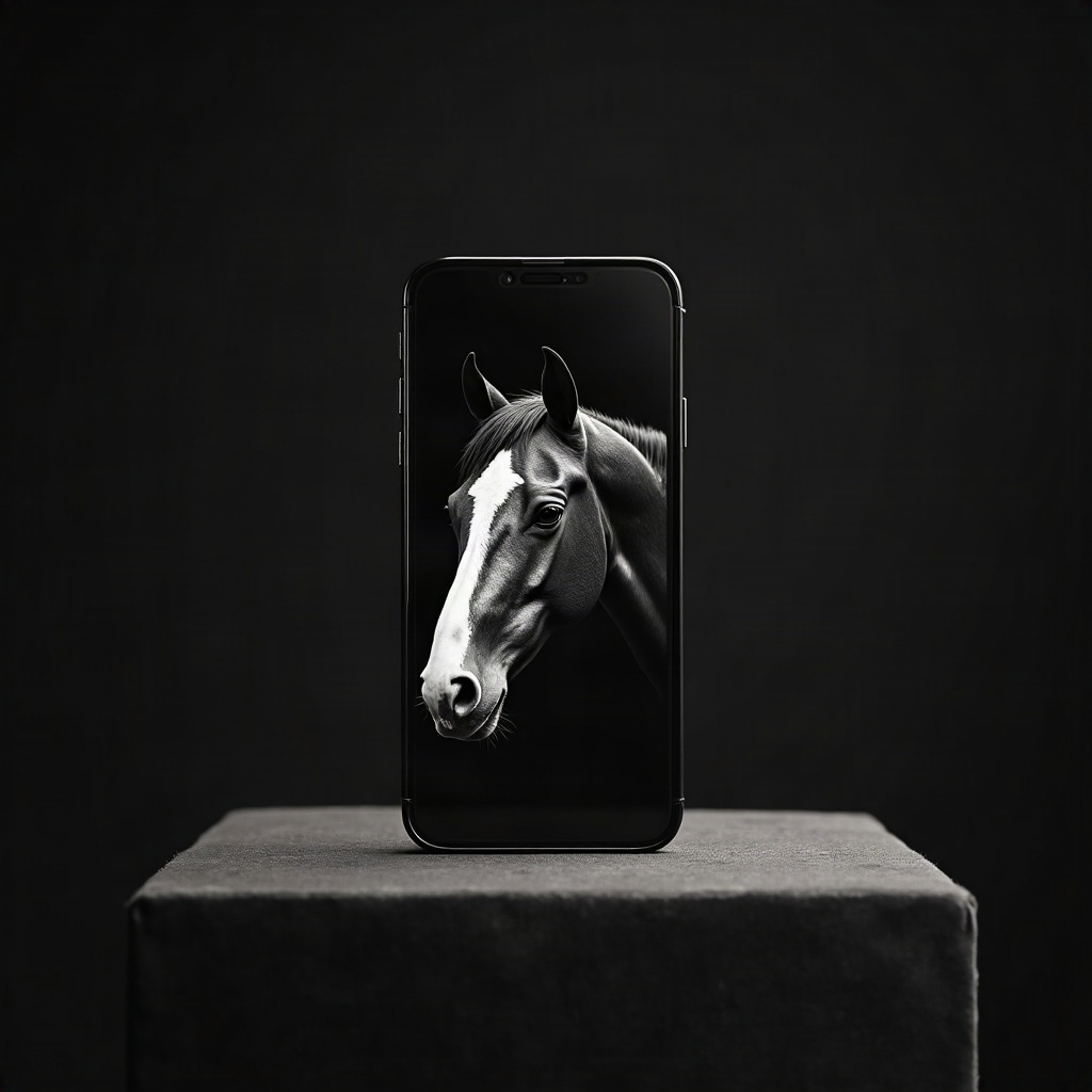 A monochrome horse portrait on a black phone in a near-black gallery
