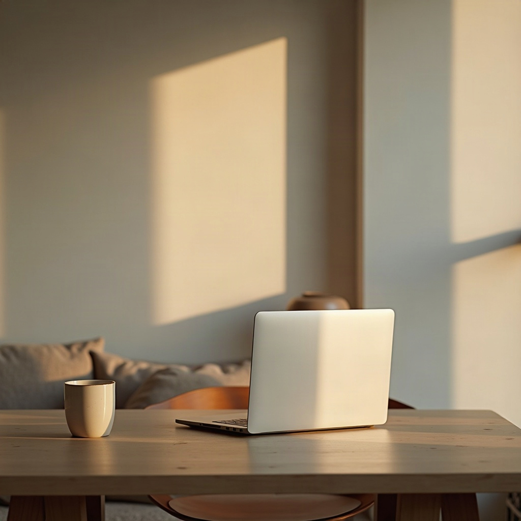 Closed silver laptop on a pale oak table in a minimalist apartment at dusk