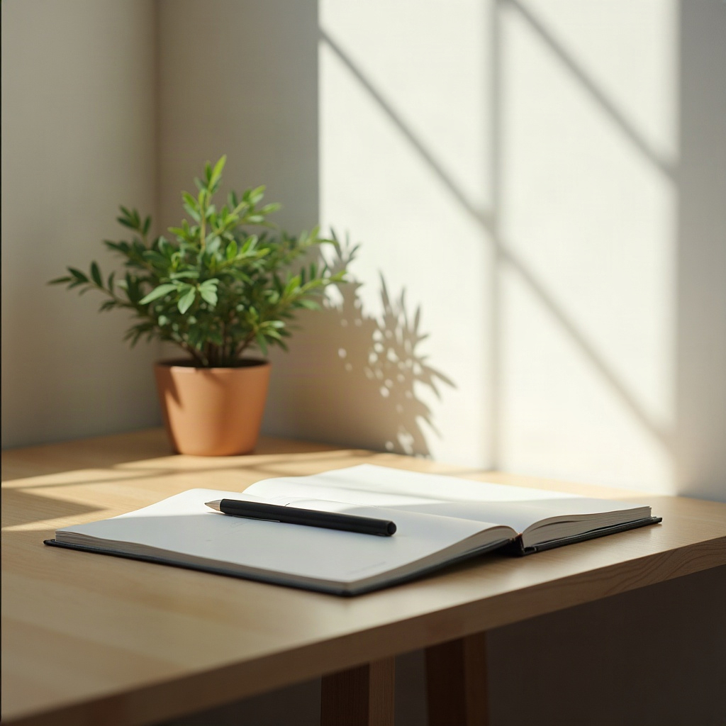 Empty modern desk with a closed notebook and a small potted plant