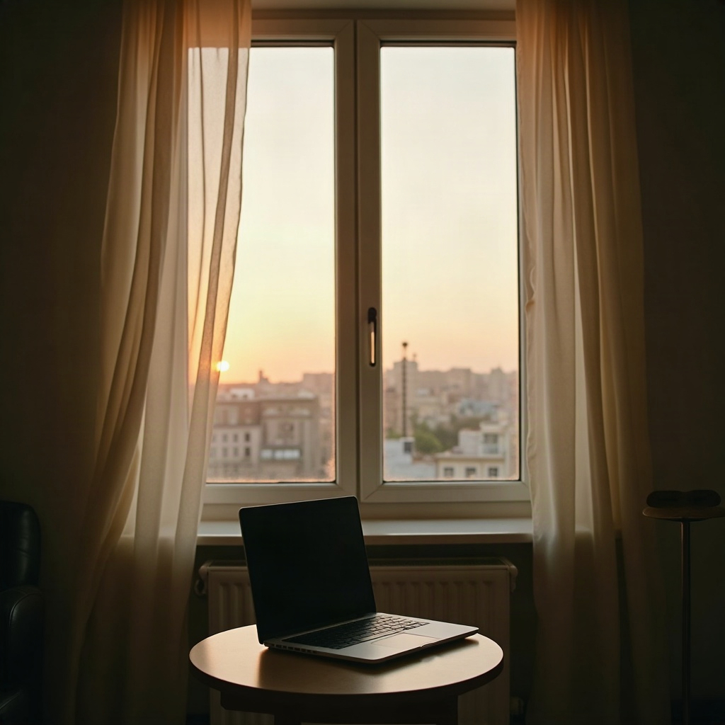Minimalist apartment window at dusk with sheer curtains