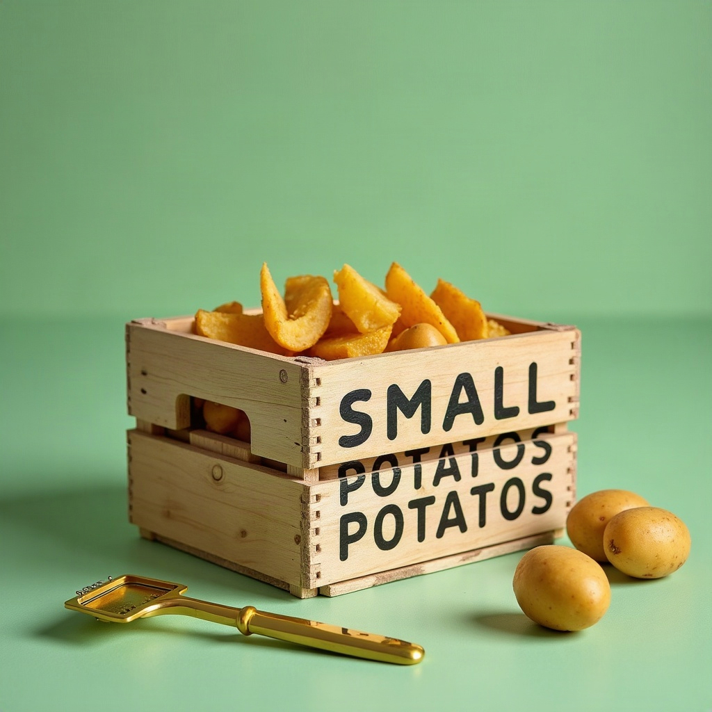 A branded potato crate on a chive-green surface with a gold-handled peeler and a few russet potatoes.