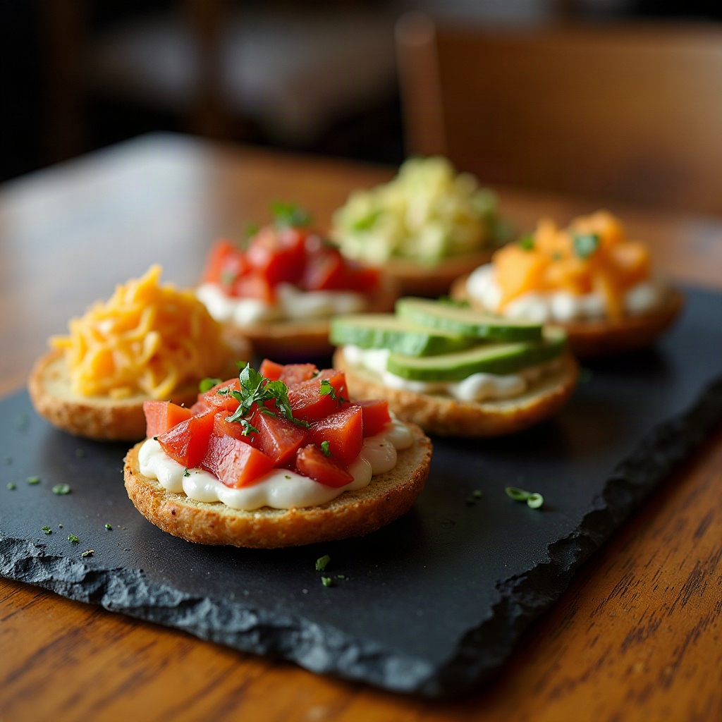 A slate board of six potato skins arranged like bruschetta, each piled with a different topping.