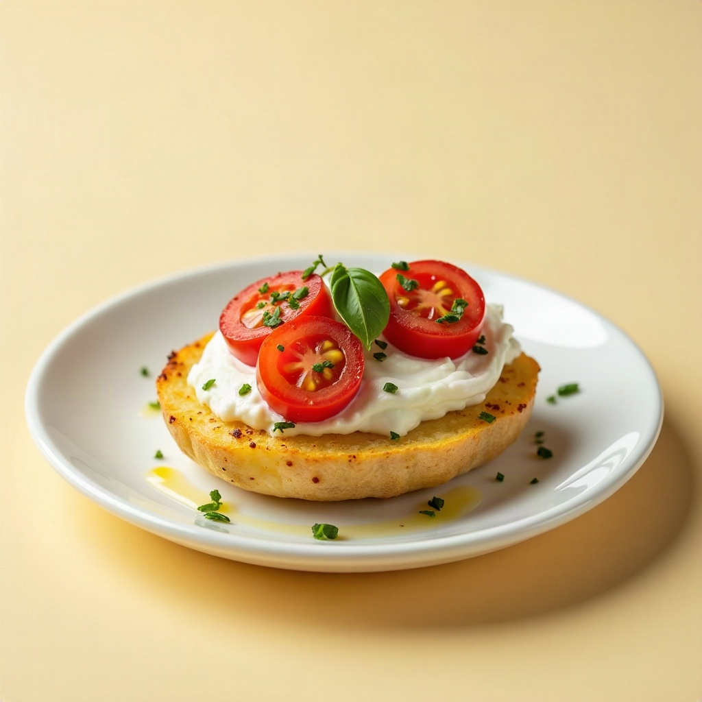 A single potato skin topped with whipped ricotta, cherry tomatoes, and basil on a small white plate.