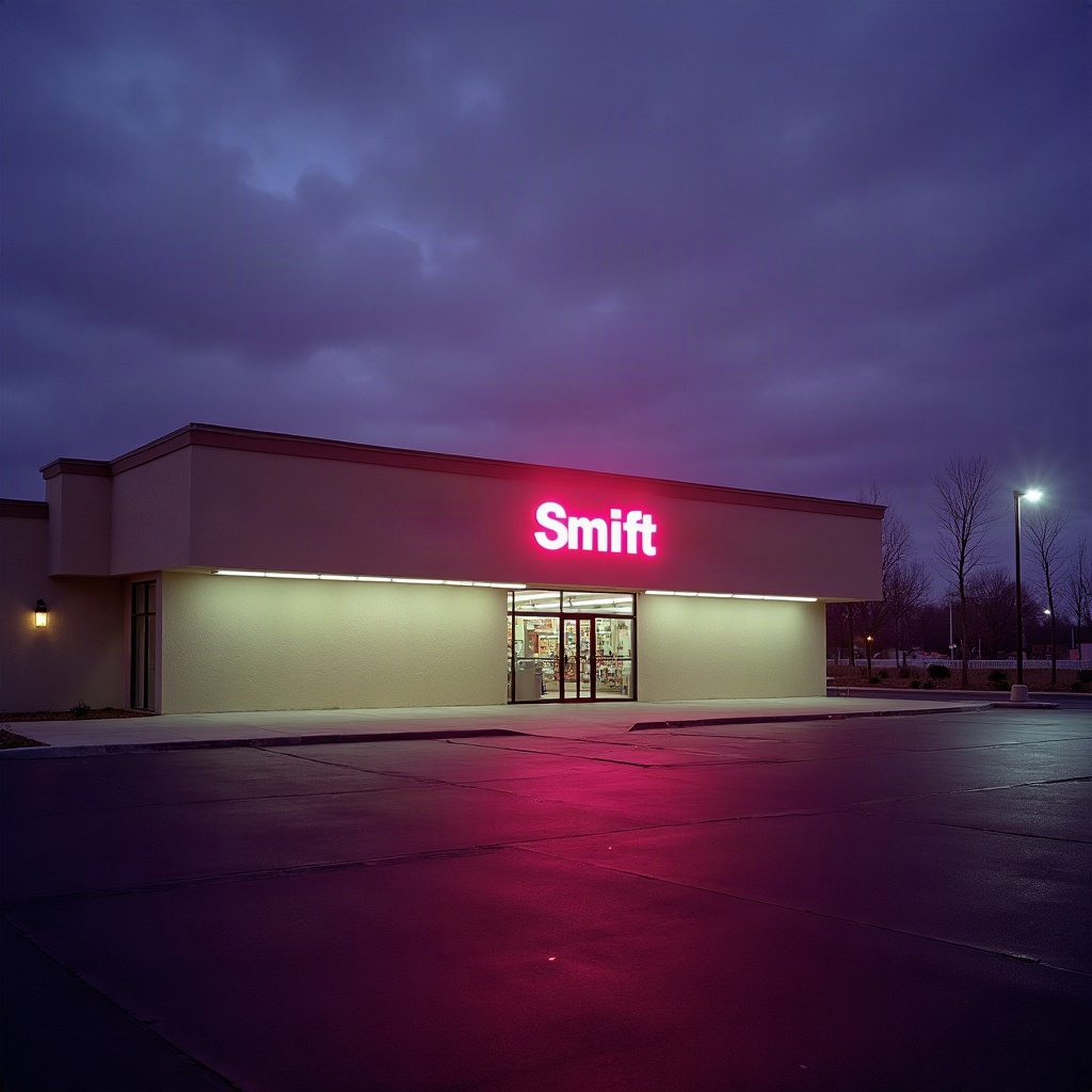 Strip Strip Mall facade at dusk with one unit glowing pink