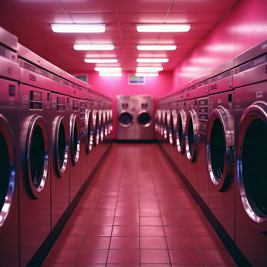 Laundromat unit with glowing pink washing machines