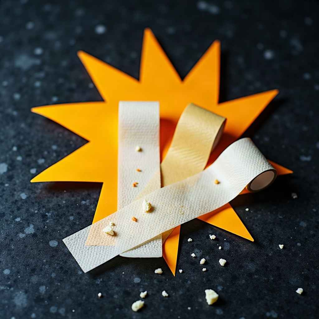Three 6-inch strips of Tape Towel fanned out on a granite counter, adhesive sides covered in crumbs.