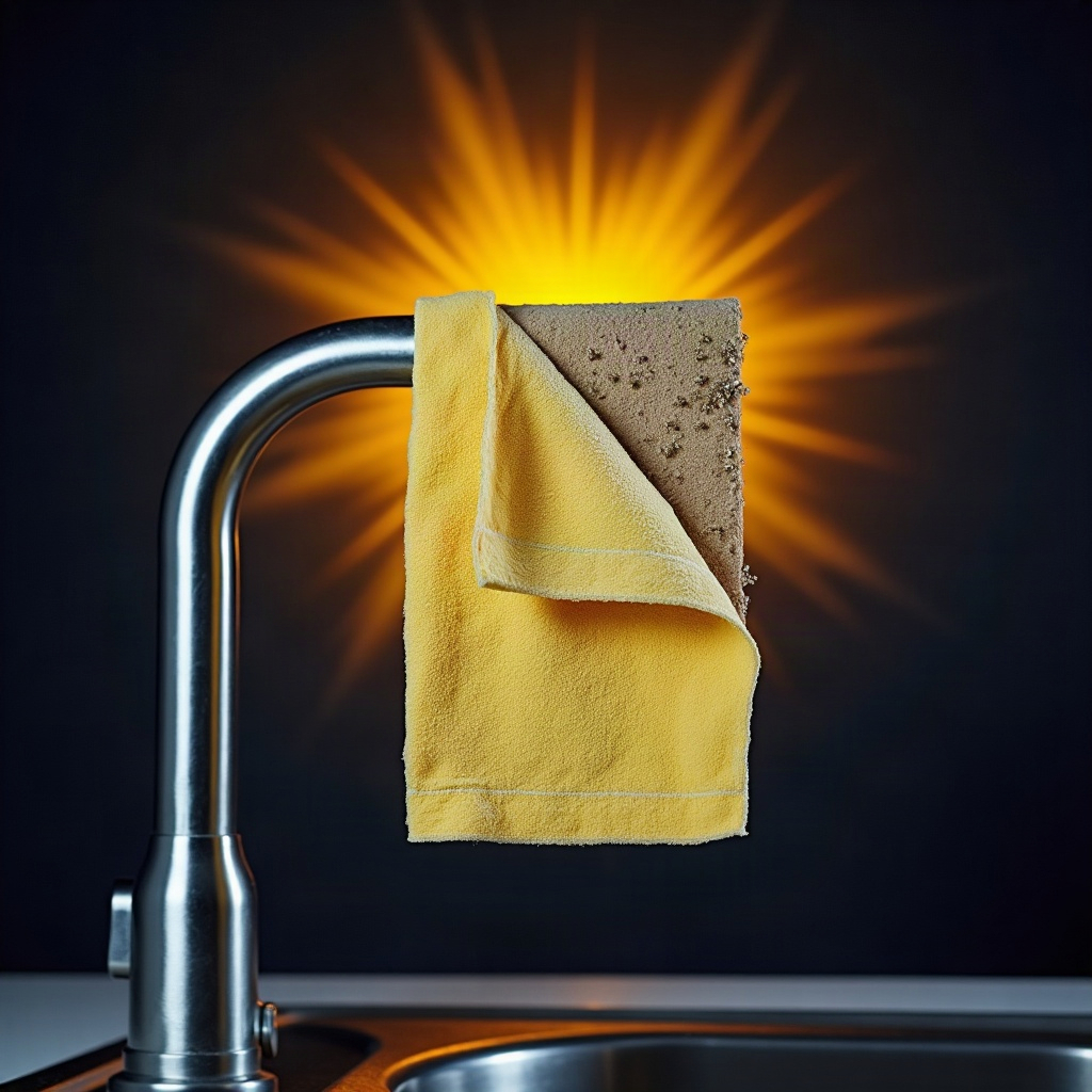 A used 6-inch strip of Tape Towel draped over a chrome kitchen faucet, trapped crumbs visible on the adhesive.