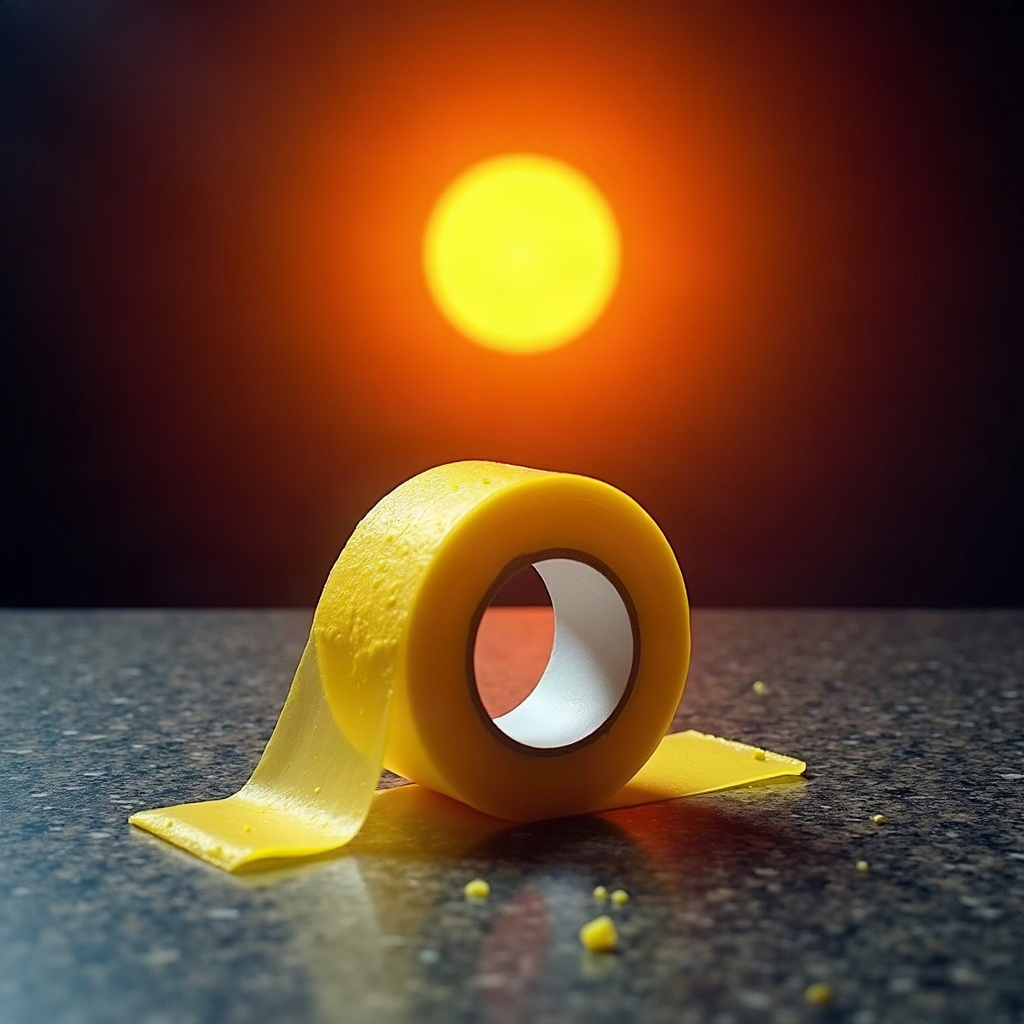 A hand peeling a 6-inch strip of Tape Towel off a granite countertop, crumbs stuck to the adhesive, set against an orange and yellow sunburst.