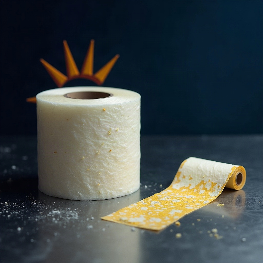 A roll of Tape Towel beside a peeled 6-inch used strip on a stainless-steel counter, dust and crumbs stuck to the adhesive.