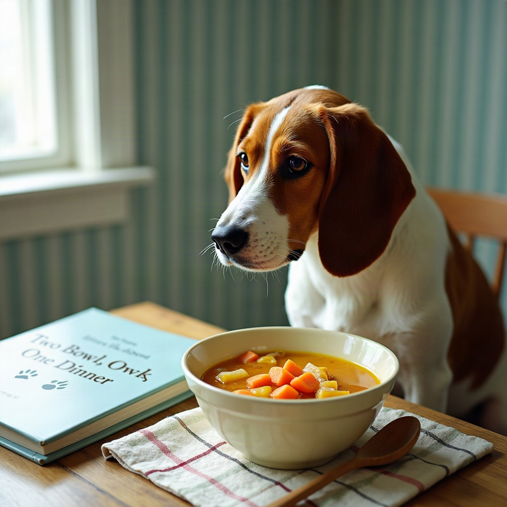 A brown-and-white dog seated politely at the kitchen table, nose hovering over a bowl of golden stew