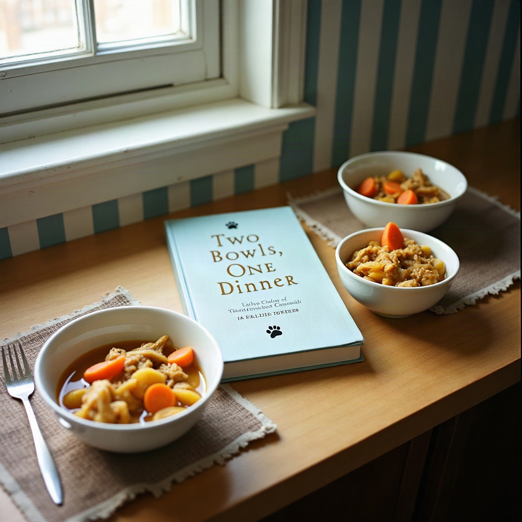 Two Bowls, One Dinner cookbook on a butcher-block counter beside two matching bowls of golden stew, one at a human place setting and one on a paw-print mat