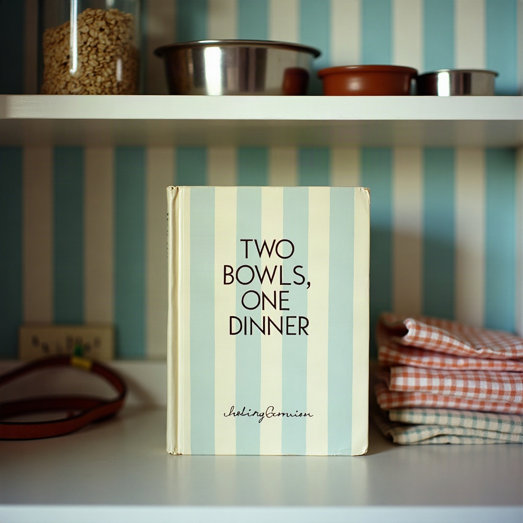 The Two Bowls, One Dinner cookbook standing on a pantry shelf among oats, a leash, and folded checked linen