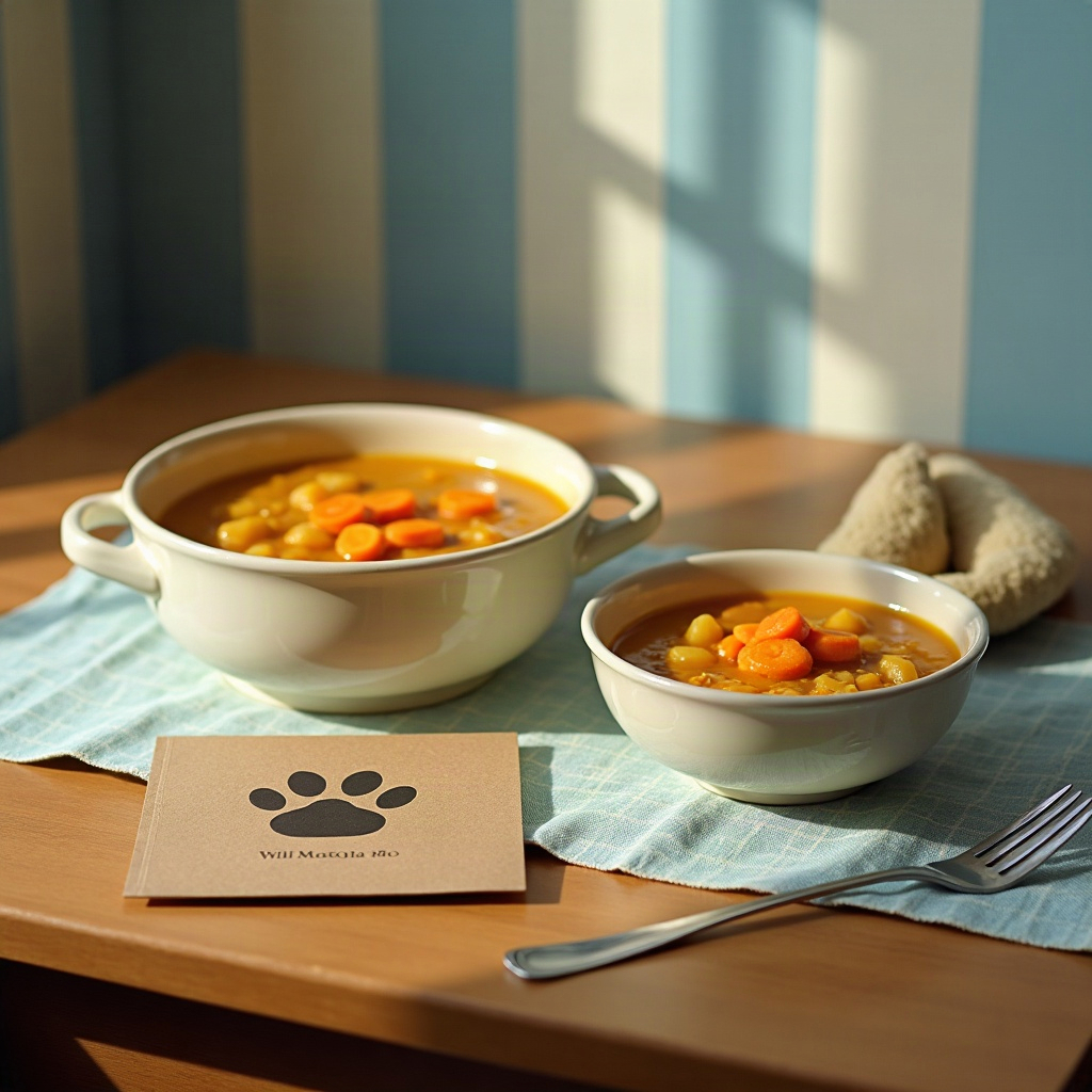 Two bowls of the same golden stew side by side, a larger portion for the human and a smaller one on a paw-print mat