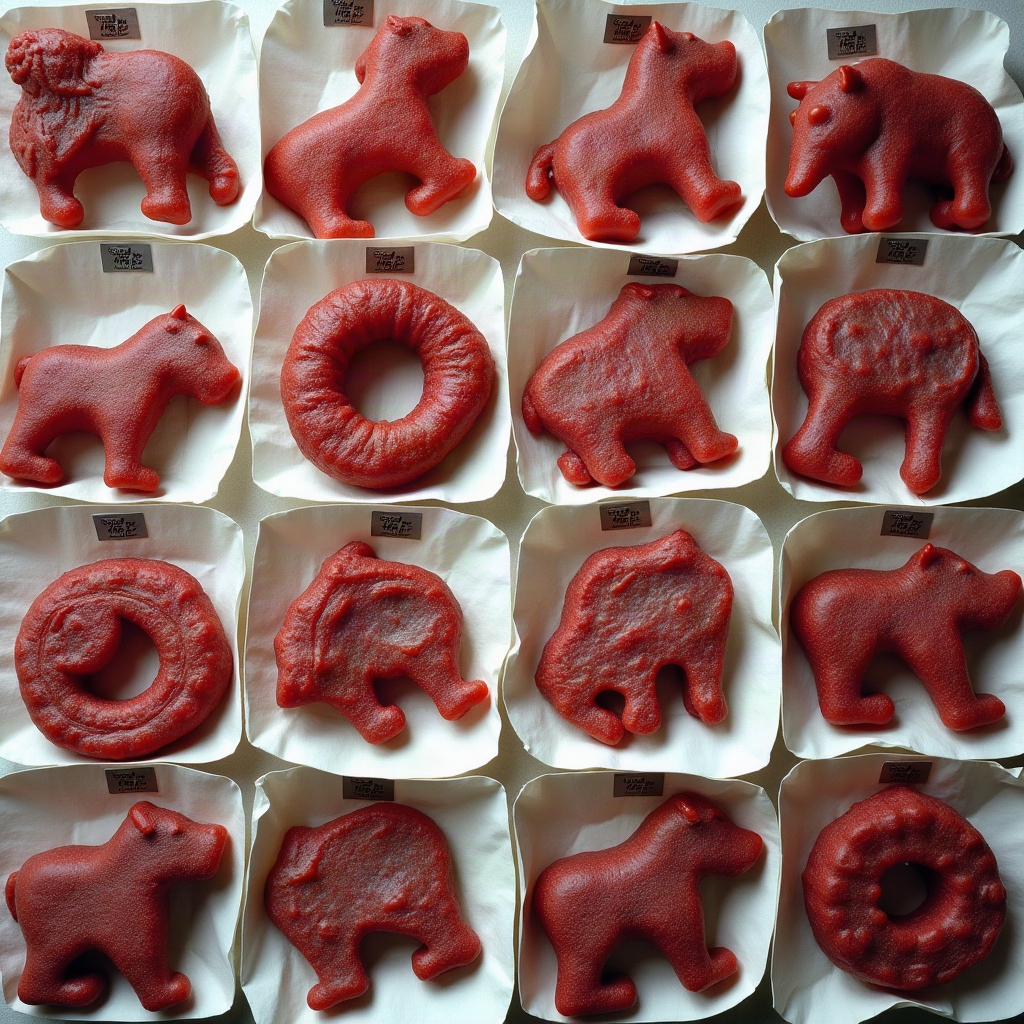 Catalogue grid of lion, elephant, bear and rhino shaped jerkies on butcher paper trays