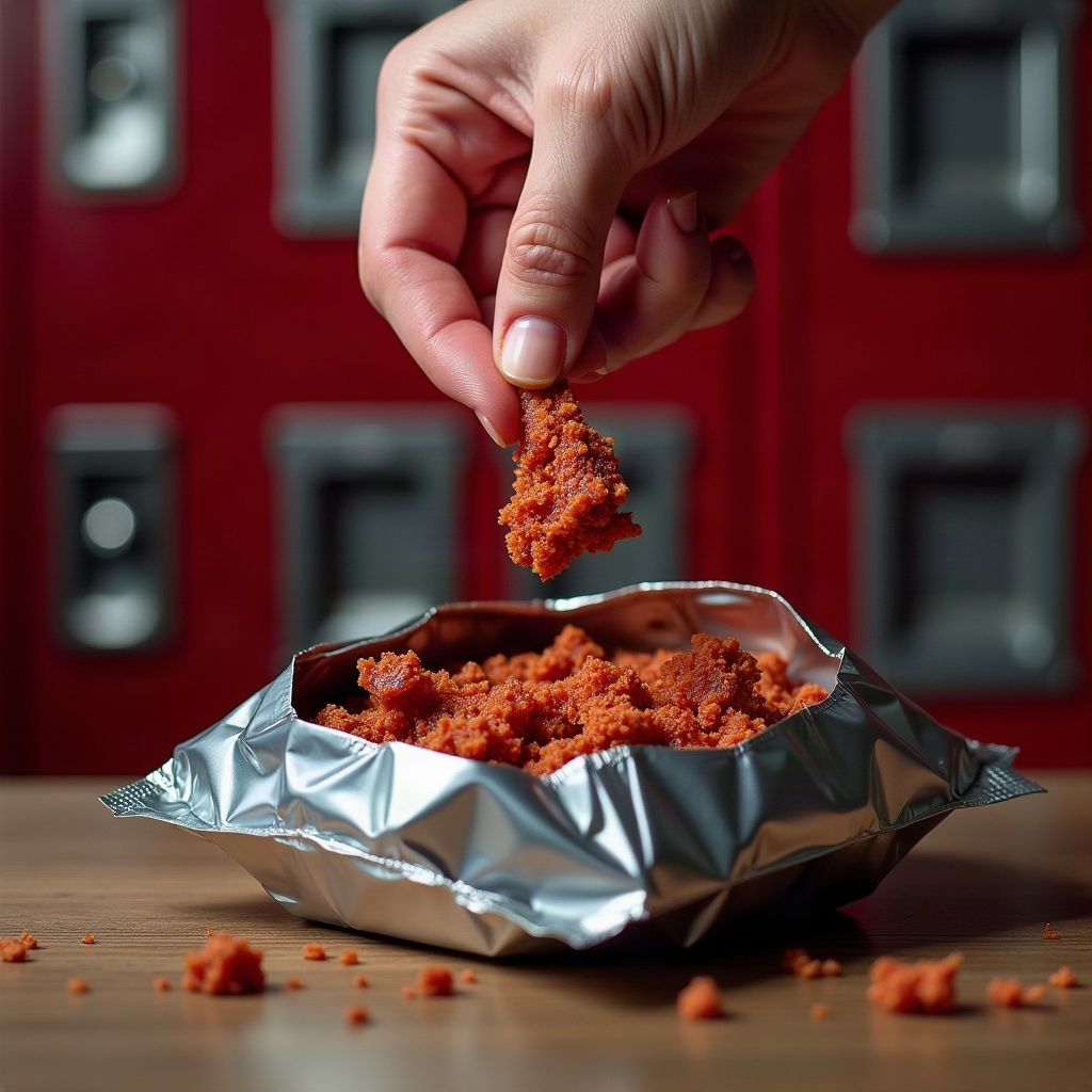 Open foil pouch of shredded Zoo Chew with a pinch of chew-style shred between two fingers
