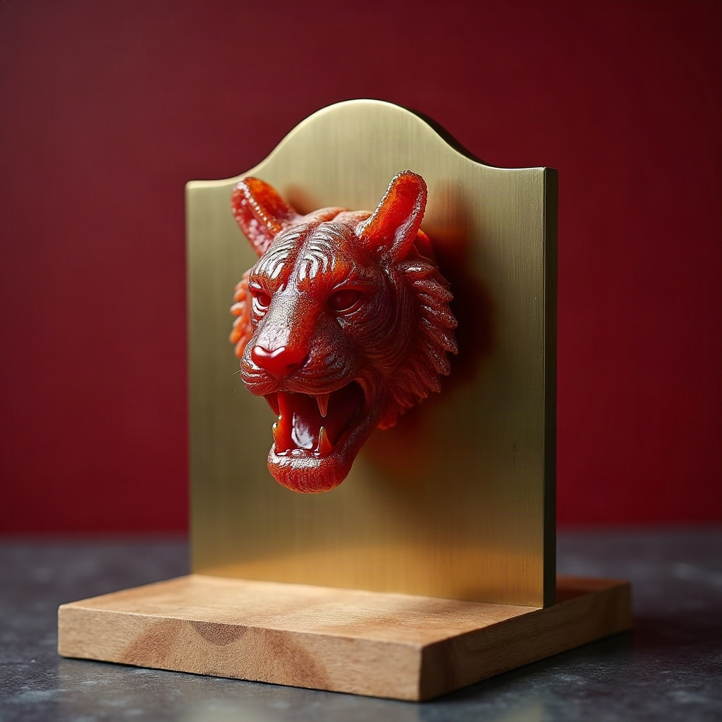 Tiger-shaped Zoo Chew jerky mounted on a brass trophy plaque on a butcher block