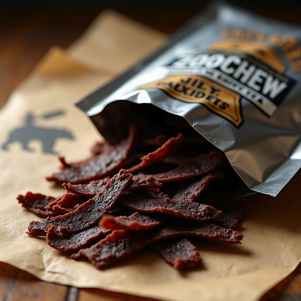 Pile of shredded jerky spilling from a pouch