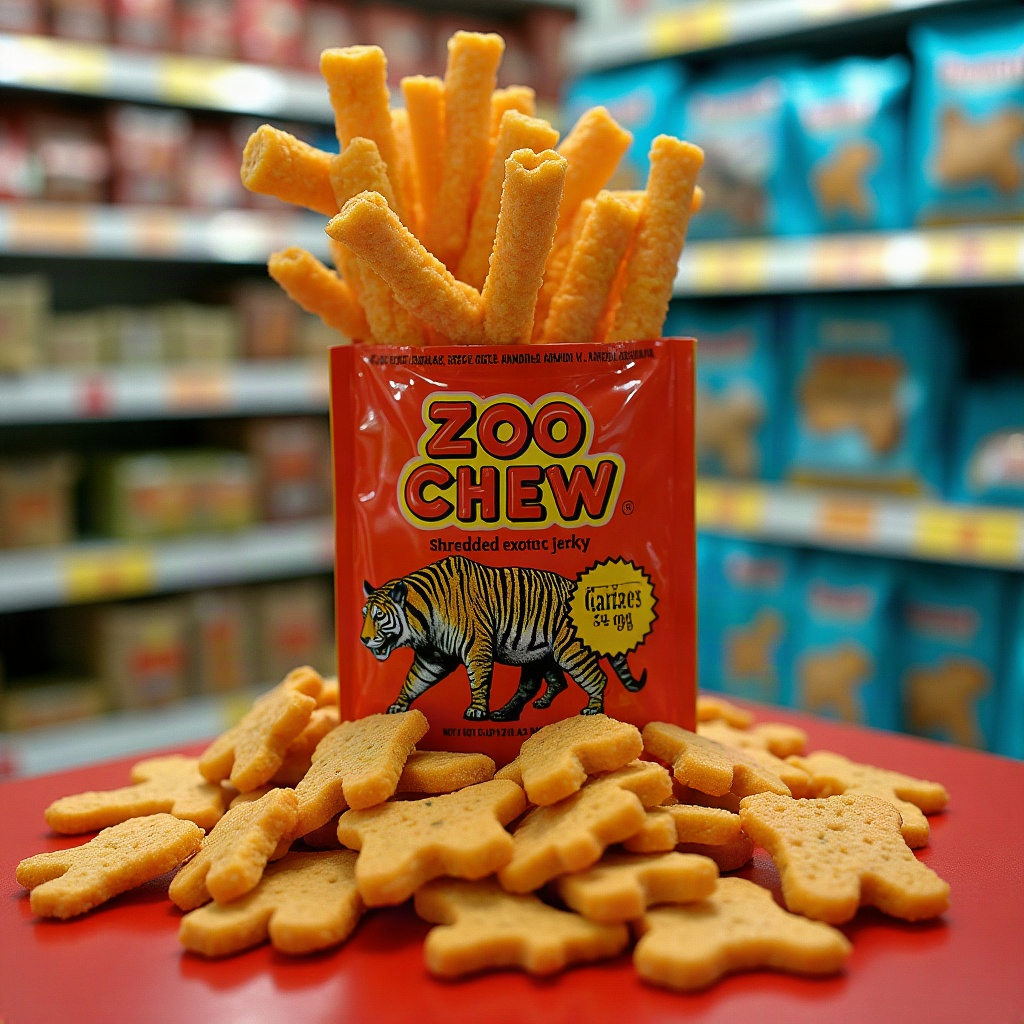 A foil pouch of ZOO CHEW bursting open with a towering pile of animal-shaped jerky