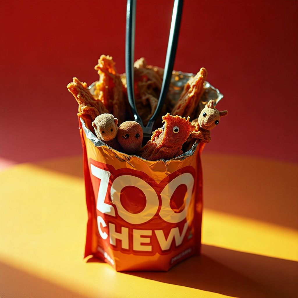 An open ZOO CHEW pouch packed with shredded jerky like chewing tobacco