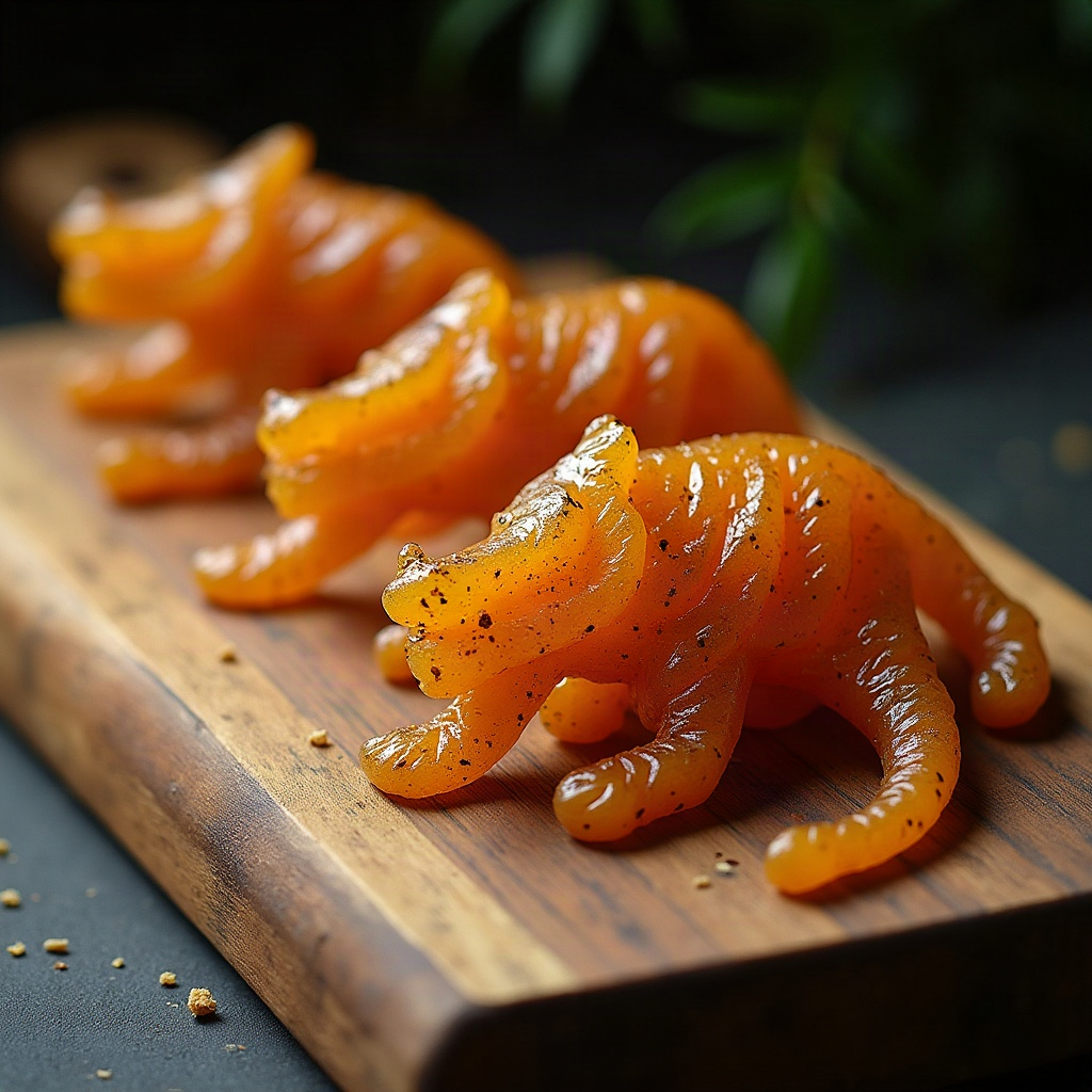 A neat stack of tiger-shaped jerky cutouts on butcher-block wood